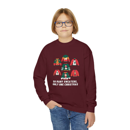 Festive Threads | Christmas So Many Sweaters Youth Crewneck Sweatshirt