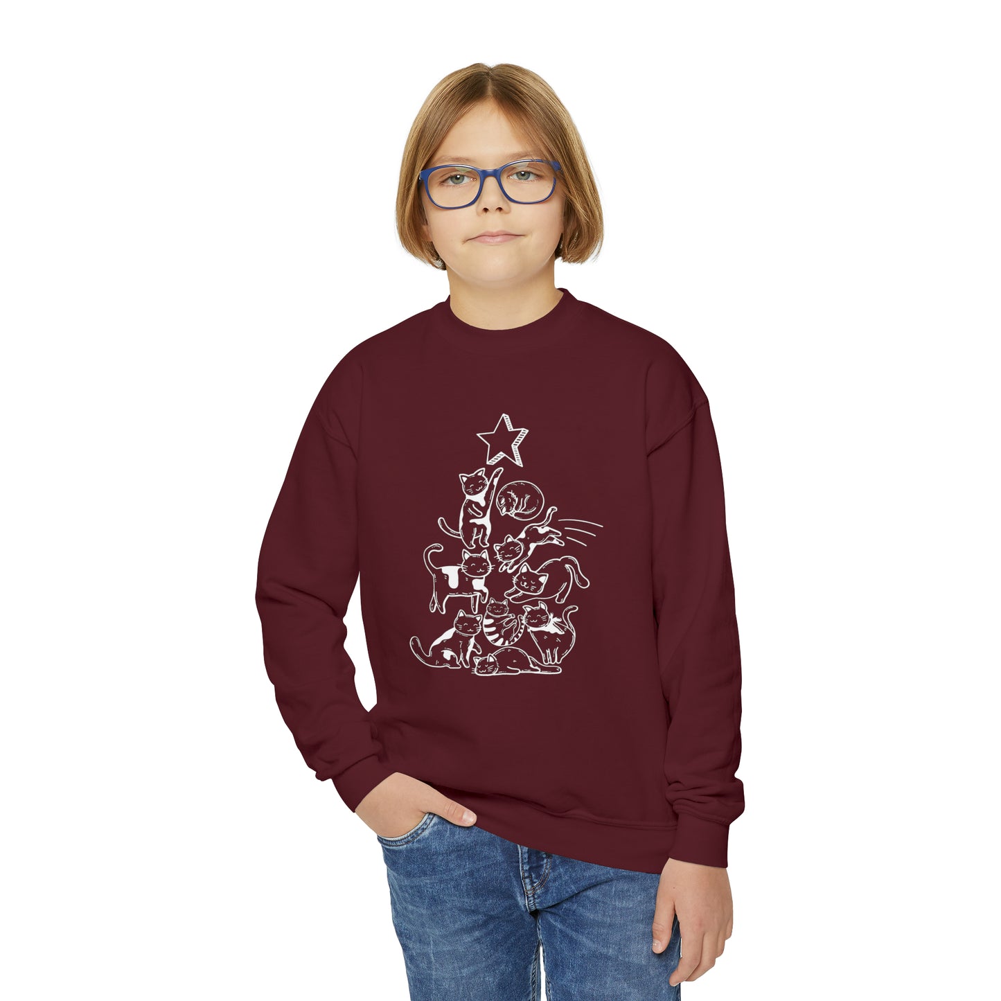 Festive Threads | Christmas Cat Tree Youth Crewneck Sweatshirt