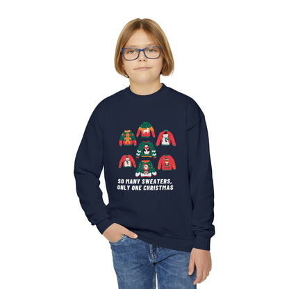 Festive Threads | Christmas So Many Sweaters Youth Crewneck Sweatshirt