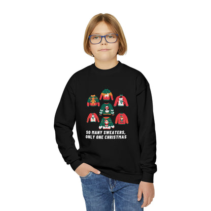 Festive Threads | Christmas So Many Sweaters Youth Crewneck Sweatshirt