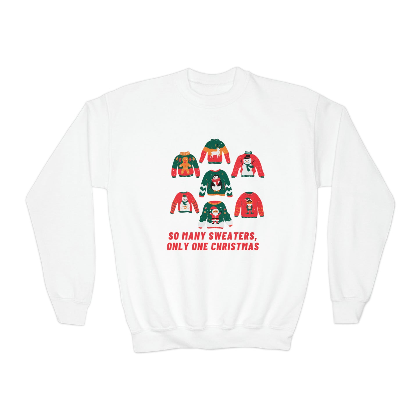 Festive Threads | Christmas So Many Sweaters Youth Crewneck Sweatshirt