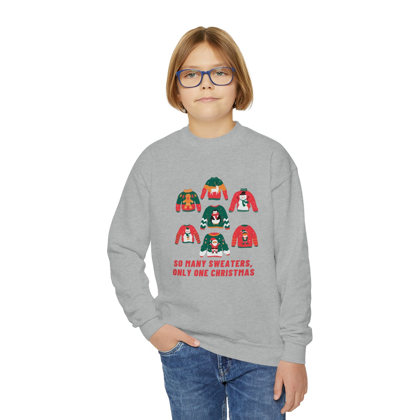 Festive Threads | Christmas So Many Sweaters Youth Crewneck Sweatshirt