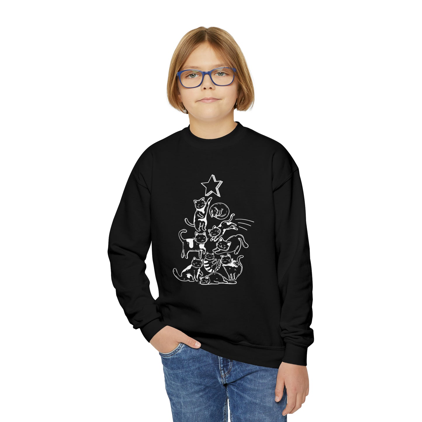 Festive Threads | Christmas Cat Tree Youth Crewneck Sweatshirt