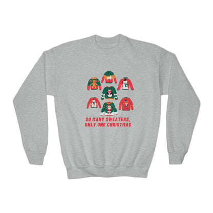 Festive Threads | Christmas So Many Sweaters Youth Crewneck Sweatshirt