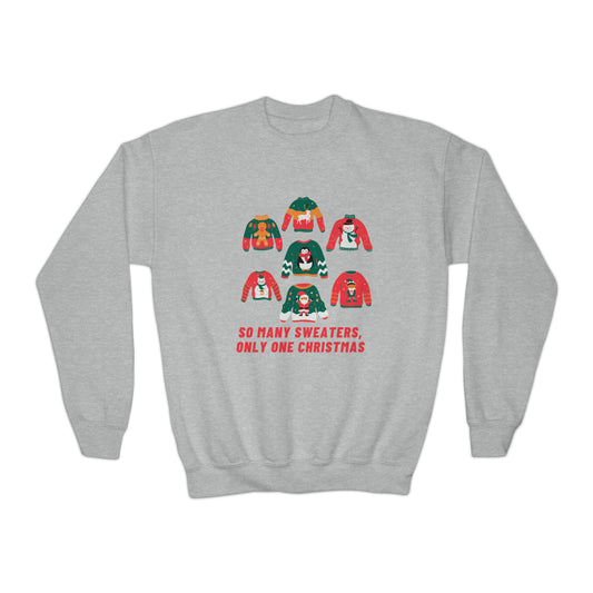 Festive Threads | Christmas So Many Sweaters Youth Crewneck Sweatshirt