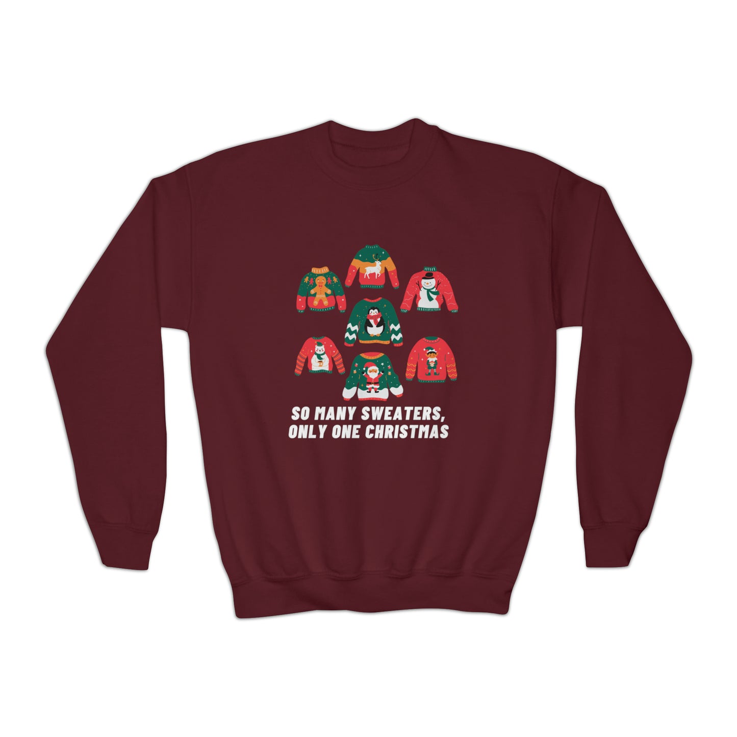 Festive Threads | Christmas So Many Sweaters Youth Crewneck Sweatshirt