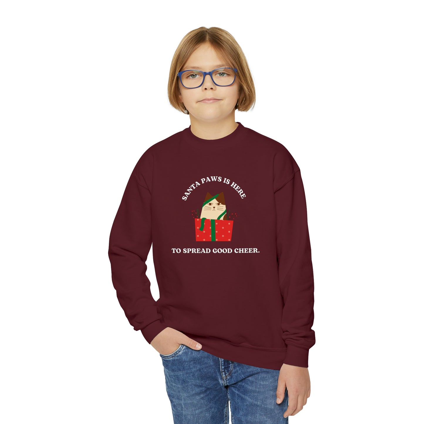 Festive Threads | Christmas Santa Paws Youth Crewneck Sweatshirt