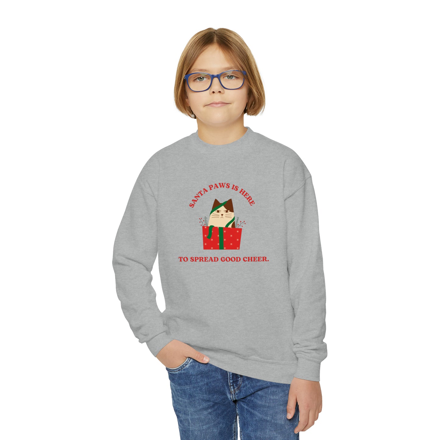 Festive Threads | Christmas Santa Paws Youth Crewneck Sweatshirt